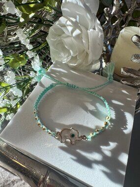 Turquoise Elephant Evil Eye Bracelet • Adjustable Macrame Bracelet •